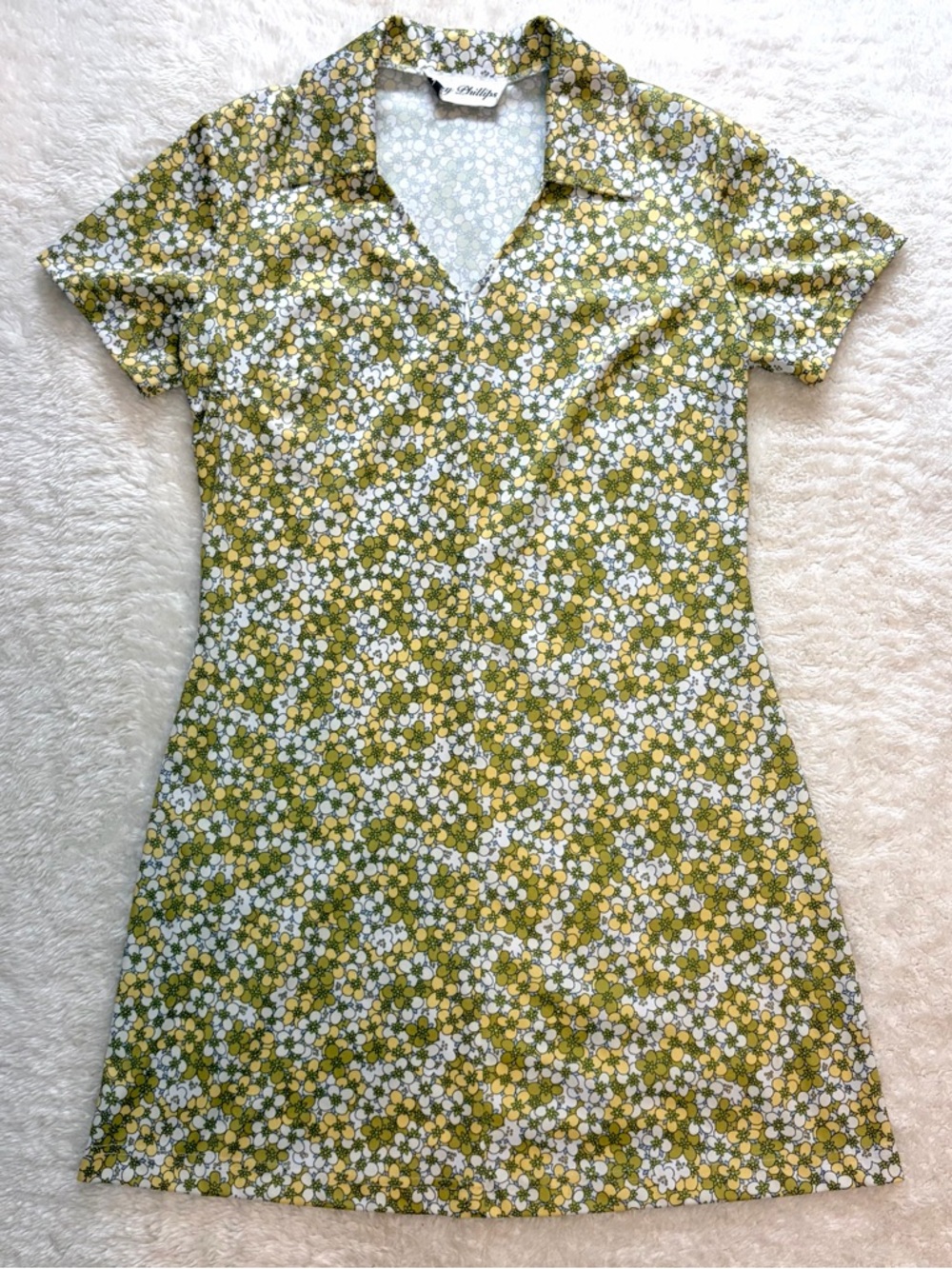 Vintage Suzy Phillips olive yellow mini floral collar mini zip mod shift dress